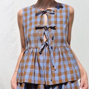 Offon SLEEVELESS BLUEBONNET CHECKED LINEN TOP WITH TIES